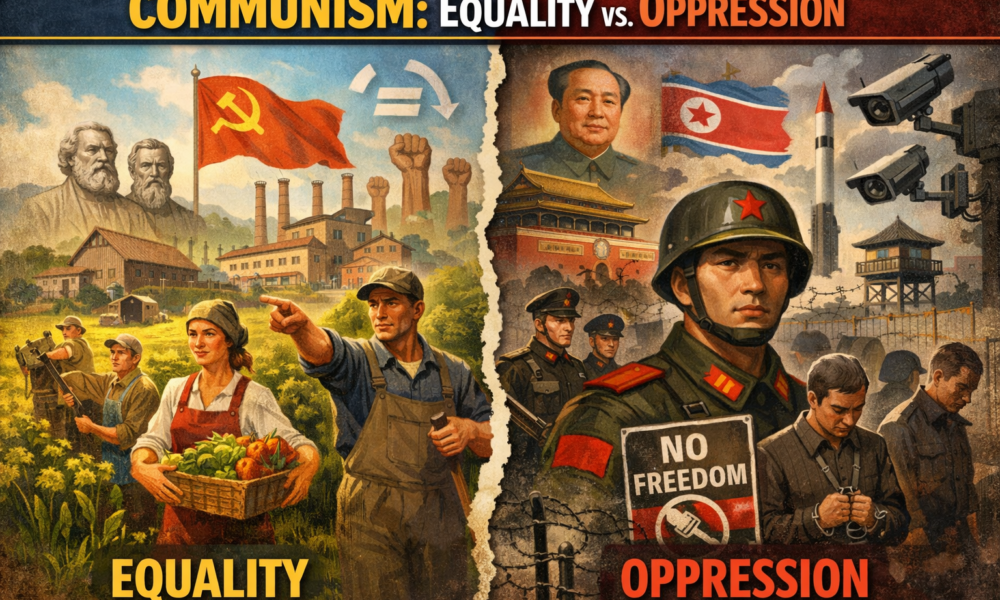 Split illustration of communism: left side with equality and shared resources, right side with oppression, authoritarianism, and restricted freedoms.