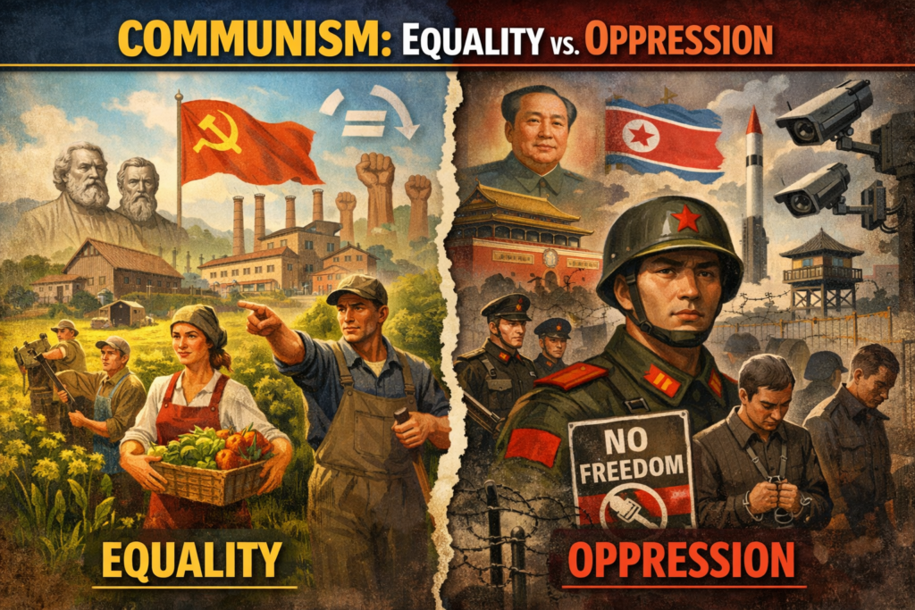 Split illustration of communism: left side with equality and shared resources, right side with oppression, authoritarianism, and restricted freedoms.