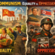 Split illustration of communism: left side with equality and shared resources, right side with oppression, authoritarianism, and restricted freedoms.