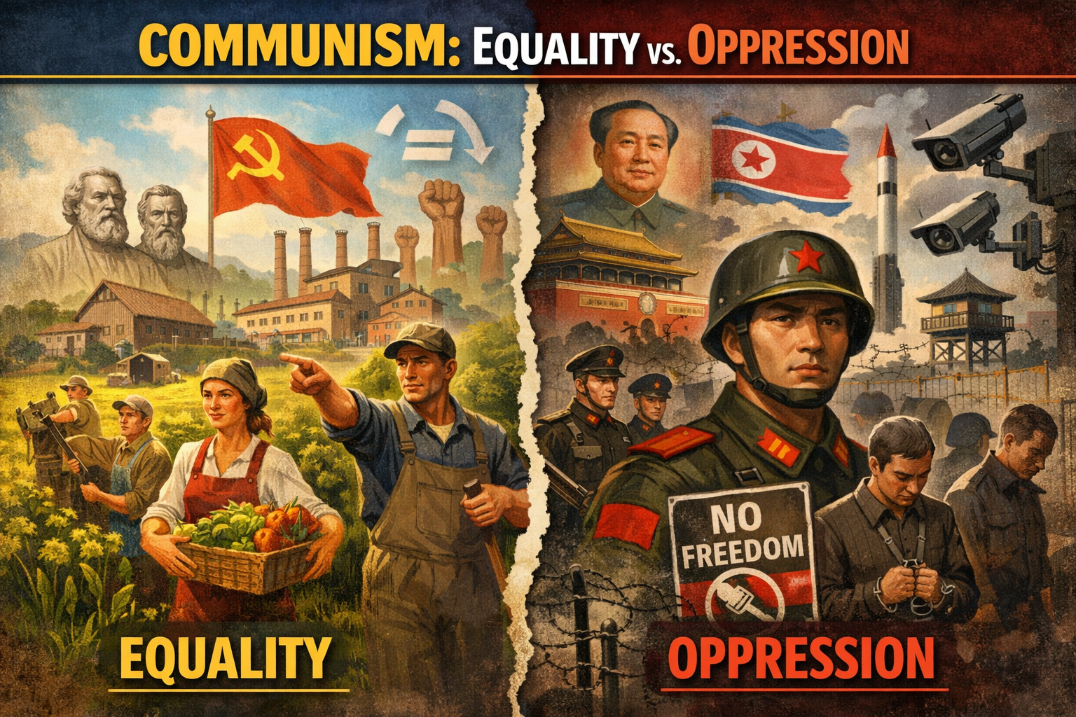 Split illustration of communism: left side with equality and shared resources, right side with oppression, authoritarianism, and restricted freedoms.