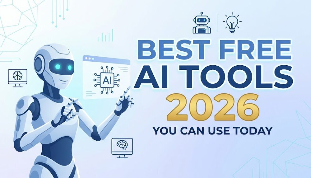 Modern minimalist blog thumbnail with a sleek robot, digital lightbulb icons, and a blue-white gradient background featuring the title "Best Free AI Tools 2026."