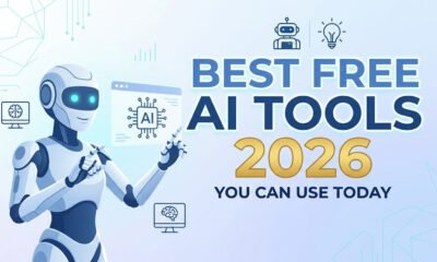 Modern minimalist blog thumbnail with a sleek robot, digital lightbulb icons, and a blue-white gradient background featuring the title "Best Free AI Tools 2026."
