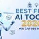 Modern minimalist blog thumbnail with a sleek robot, digital lightbulb icons, and a blue-white gradient background featuring the title "Best Free AI Tools 2026."