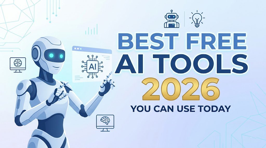 Modern minimalist blog thumbnail with a sleek robot, digital lightbulb icons, and a blue-white gradient background featuring the title "Best Free AI Tools 2026."