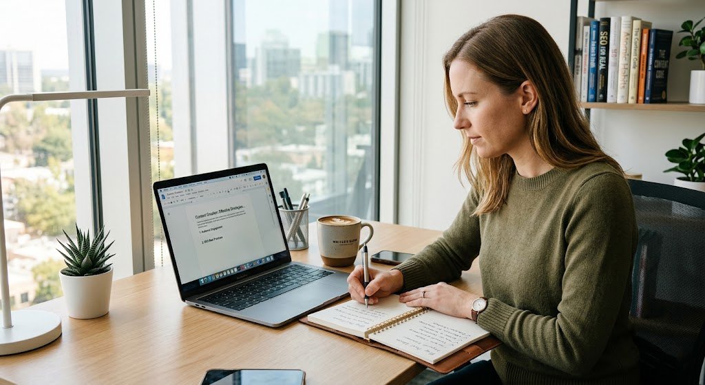 Person working at a modern desk with laptop and notebook for writing and content creation