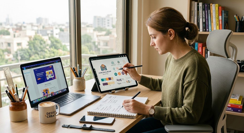 Person working on visual design at a modern desk with laptop or tablet and colorful graphics