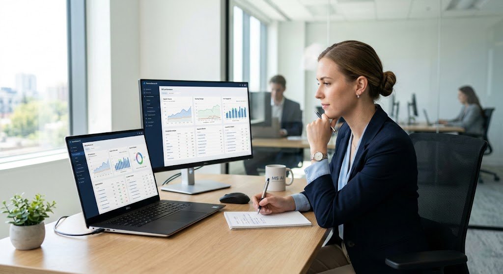 Person analyzing SEO and market trends on a laptop in a professional workspace