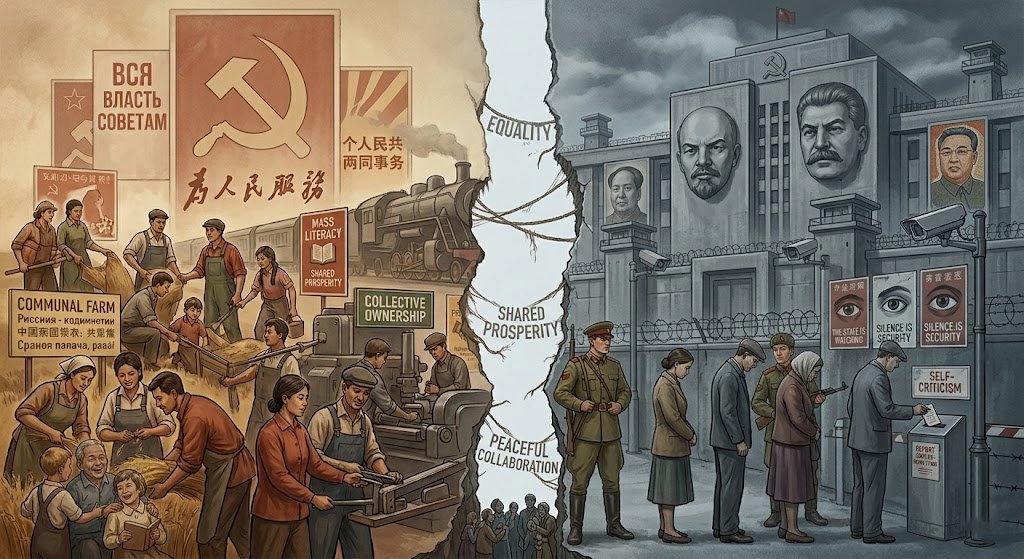 Split image showing communism’s theory with equality and cooperation on one side, and its practice with authoritarian rule and centralized power on the other.