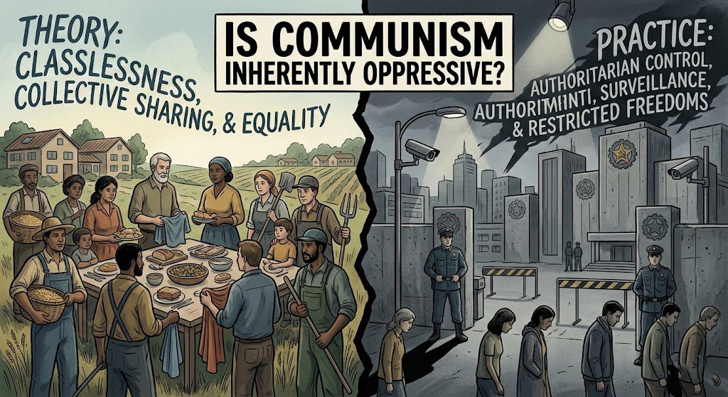 Split illustration showing communism’s theory of equality on one side and authoritarian rule on the other.