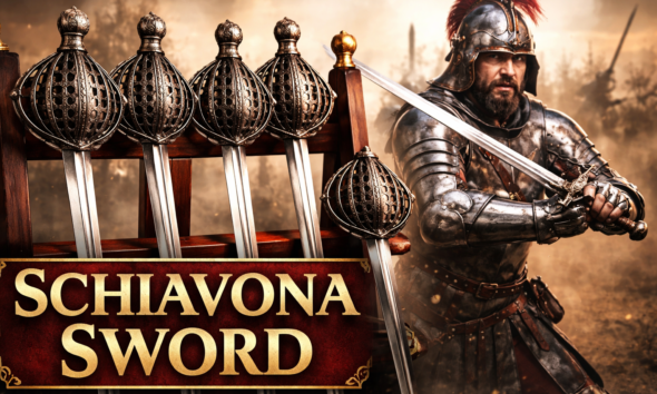 Collection of Schiavona basket-hilted swords on wooden rack with Dalmatian mercenary in Renaissance armor wielding a sword in battle-ready pose