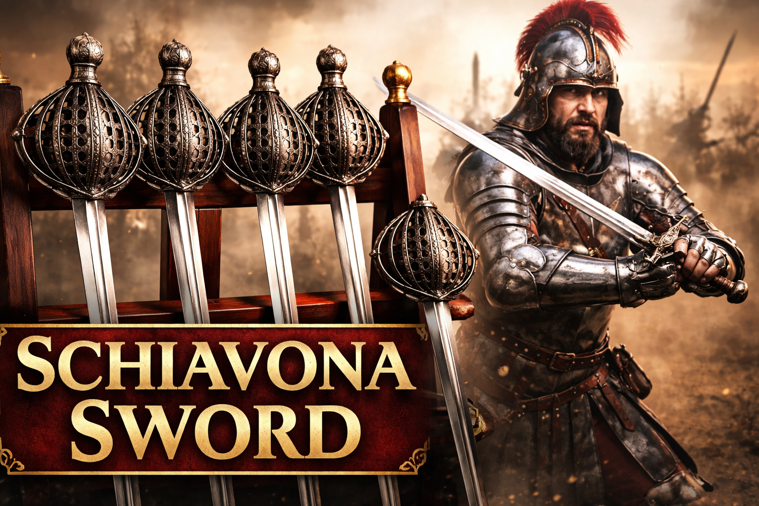 Collection of Schiavona basket-hilted swords on wooden rack with Dalmatian mercenary in Renaissance armor wielding a sword in battle-ready pose