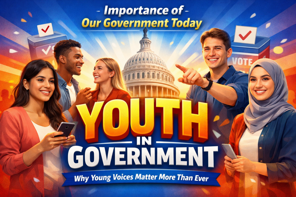 Diverse young adults engaging in politics and discussion with Capitol building in the background, emphasizing youth in government.