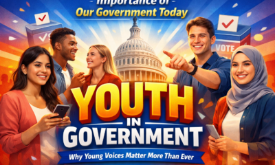 Diverse young adults engaging in politics and discussion with Capitol building in the background, emphasizing youth in government.