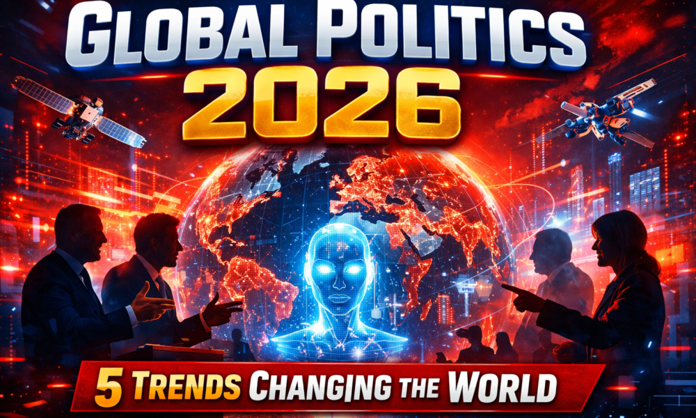 Global Politics 2026 thumbnail showing a digital world map, AI technology, satellites, and political leaders representing major global trends.