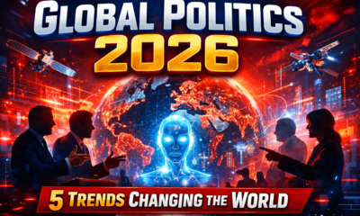 Global Politics 2026 thumbnail showing a digital world map, AI technology, satellites, and political leaders representing major global trends.