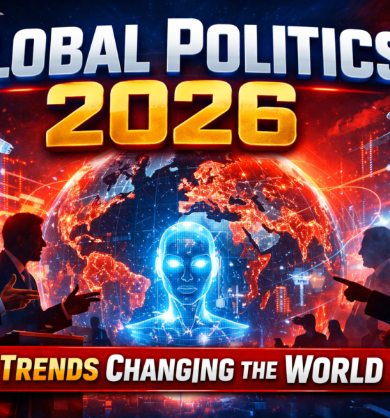 Global Politics 2026 thumbnail showing a digital world map, AI technology, satellites, and political leaders representing major global trends.