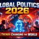 Global Politics 2026 thumbnail showing a digital world map, AI technology, satellites, and political leaders representing major global trends.