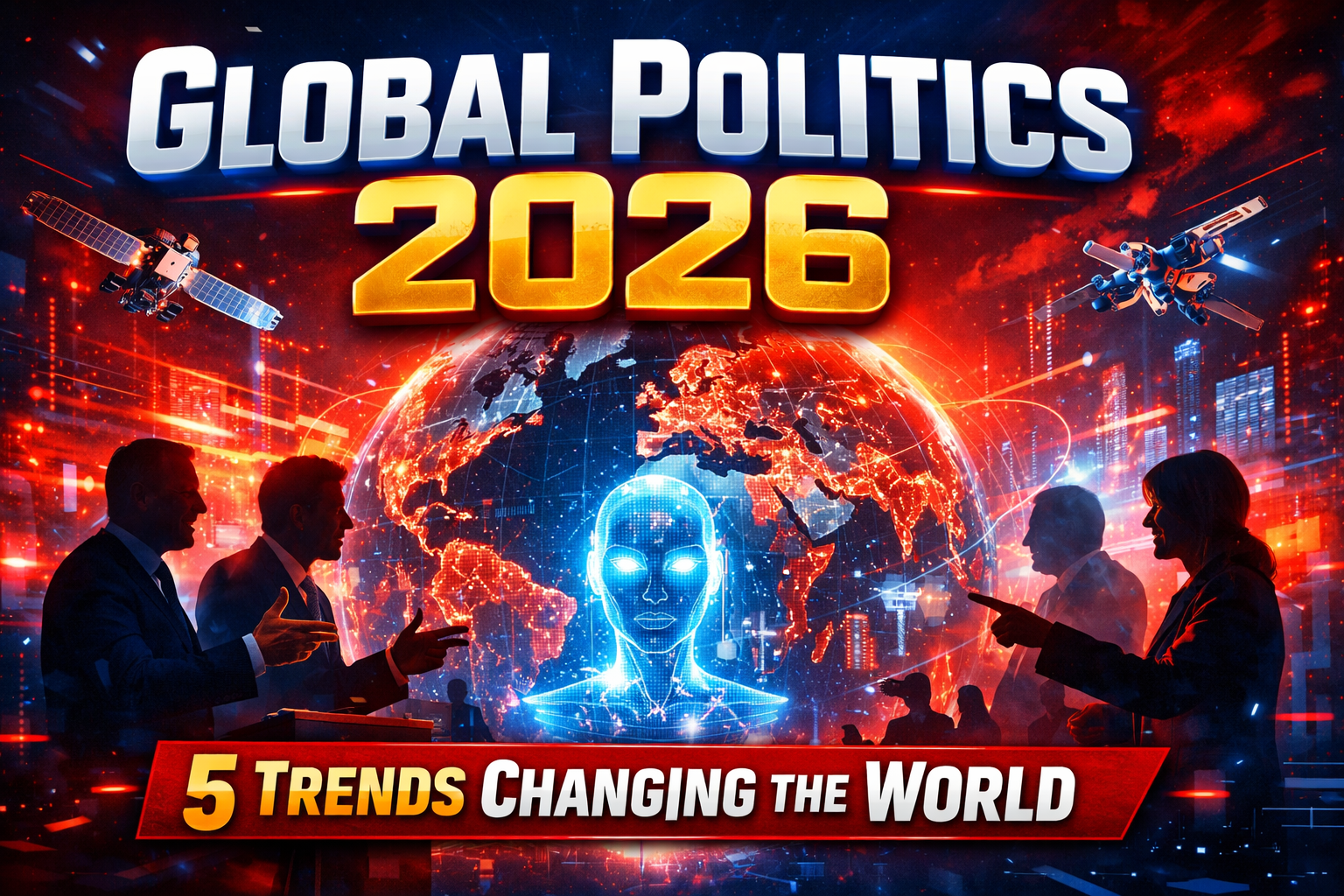 Global Politics 2026 thumbnail showing a digital world map, AI technology, satellites, and political leaders representing major global trends.