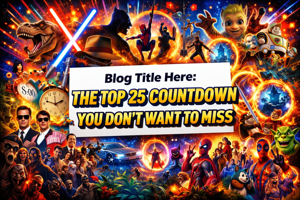 Colorful cinematic banner featuring a dynamic collage of action, fantasy, superhero, comedy, and adventure movie-inspired elements with bold lighting and space for the title “The Top 25 Countdown You Don’t Want to Miss.”
