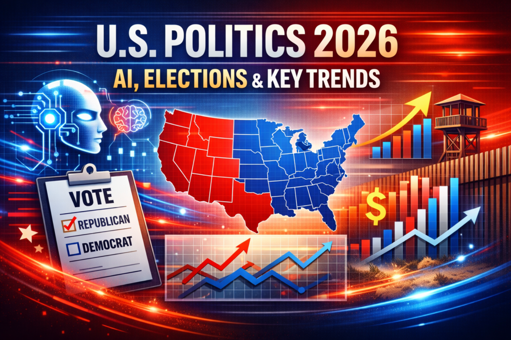 Infographic showing U.S. political trends for 2026 with AI icons, election ballots, policy graphs, and a digital U.S. map.