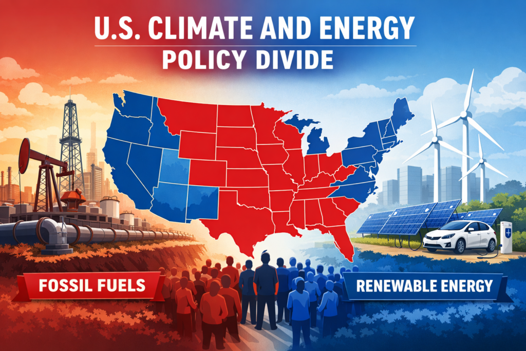 Infographic of U.S. climate and energy politics showing oil rigs and pipelines on one side and wind turbines, solar panels, and an electric car on the other with a red and blue U.S. map.