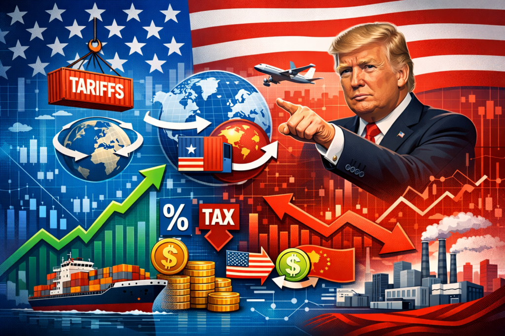 Illustration of AI influencing U.S. politics with a glowing AI brain, digital networks, and deepfake warning symbols.