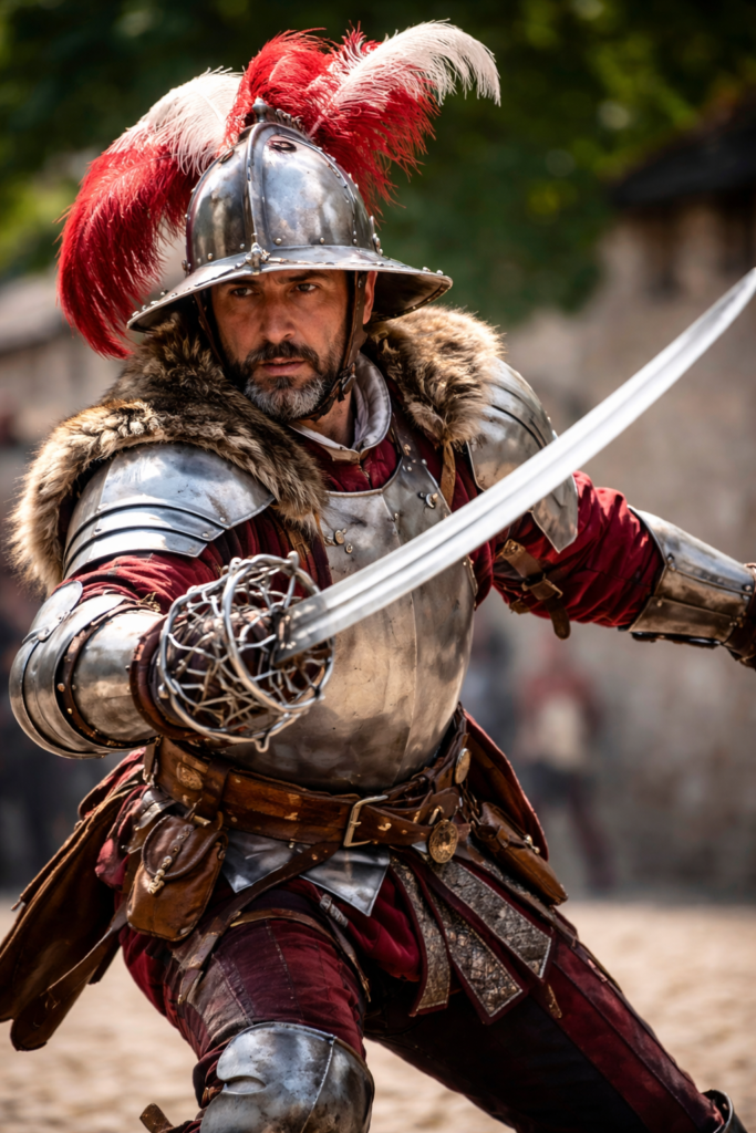 Dalmatian mercenary in Renaissance armor wielding a Schiavona basket-hilted sword in combat stance reenactment