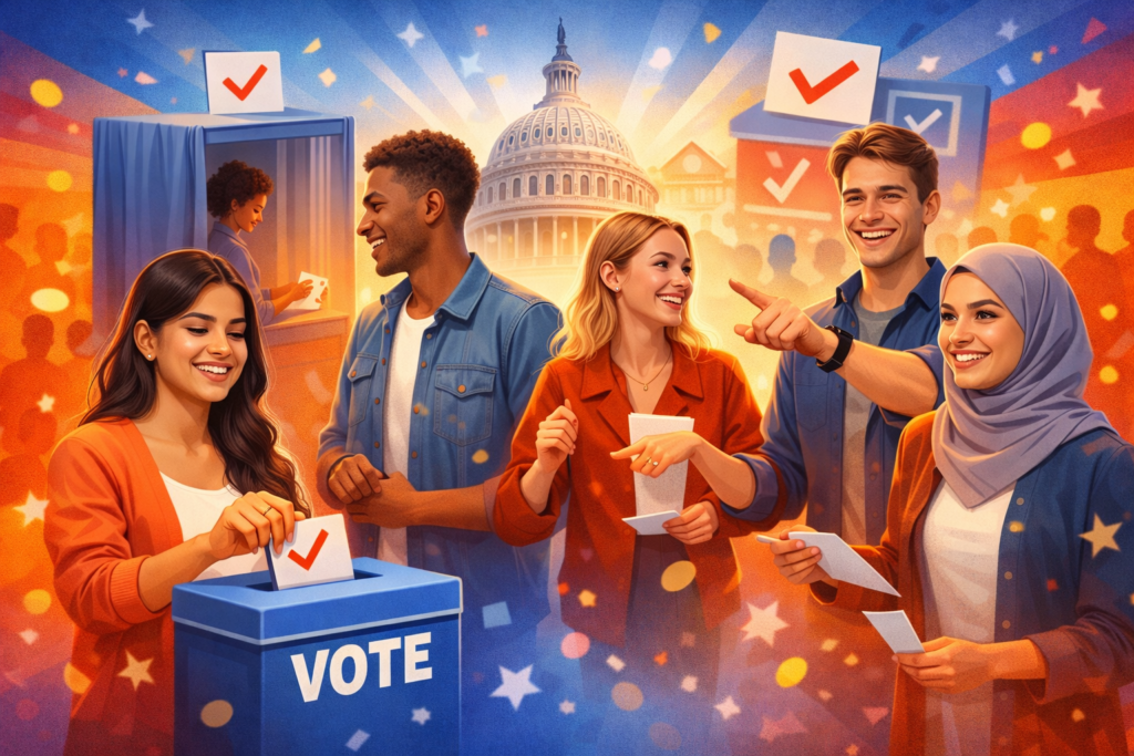 Diverse young people casting votes and discussing elections with ballot boxes and a voting booth in the background, symbolizing youth electoral participation.