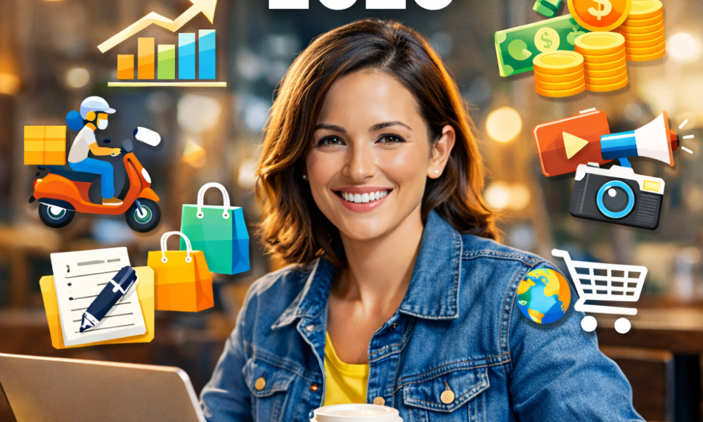 Smiling young professional at coffee shop with laptop, surrounded by icons representing top side gig ideas in the USA 2026.