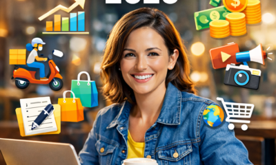 Smiling young professional at coffee shop with laptop, surrounded by icons representing top side gig ideas in the USA 2026.