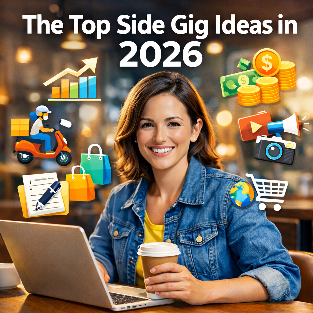 Smiling young professional at coffee shop with laptop, surrounded by icons representing top side gig ideas in the USA 2026.
