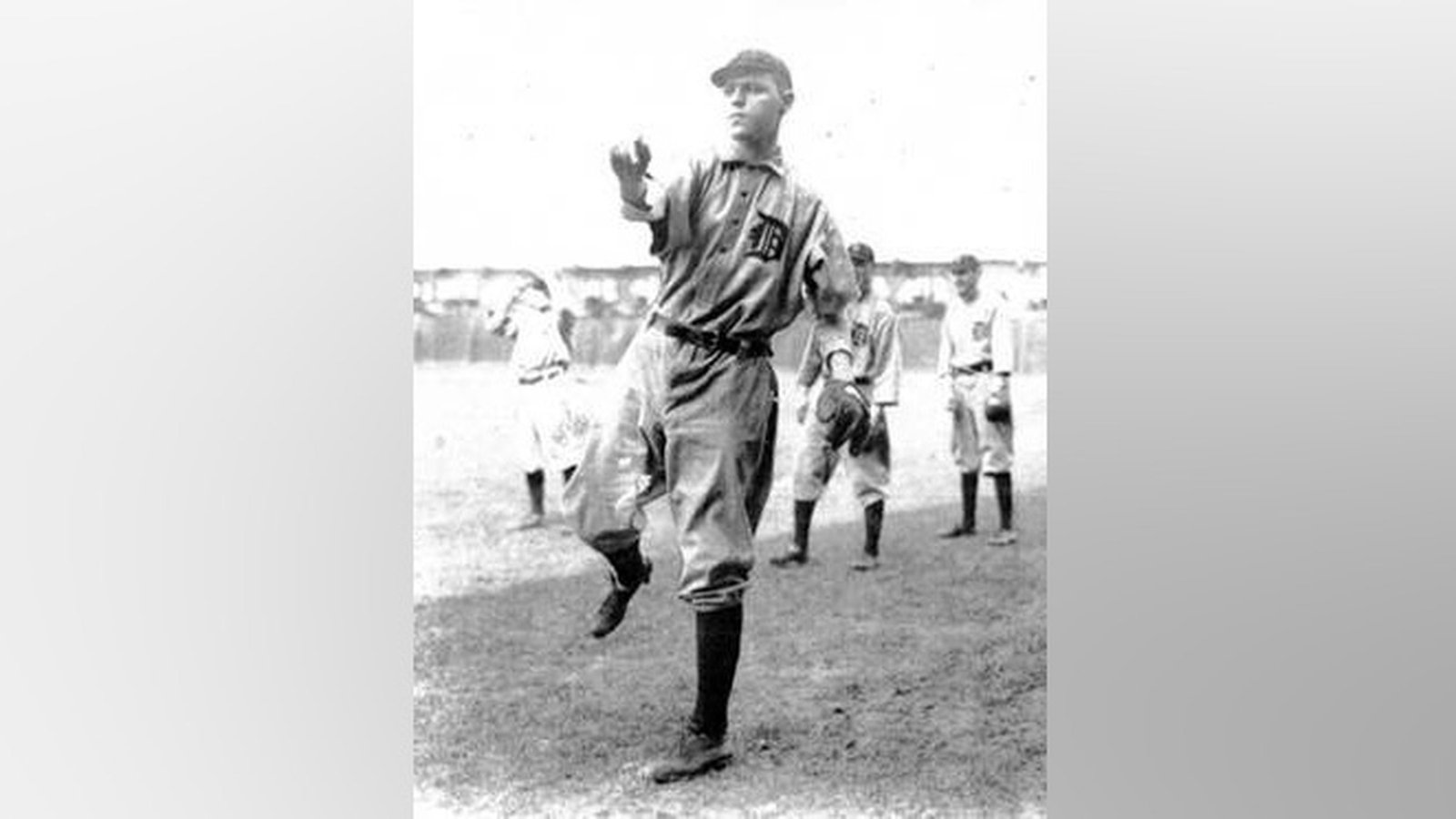 Black and white photo of Allan Travers pitching for the Detroit Tigers during the 1912 replacement player MLB game at Shibe Park.