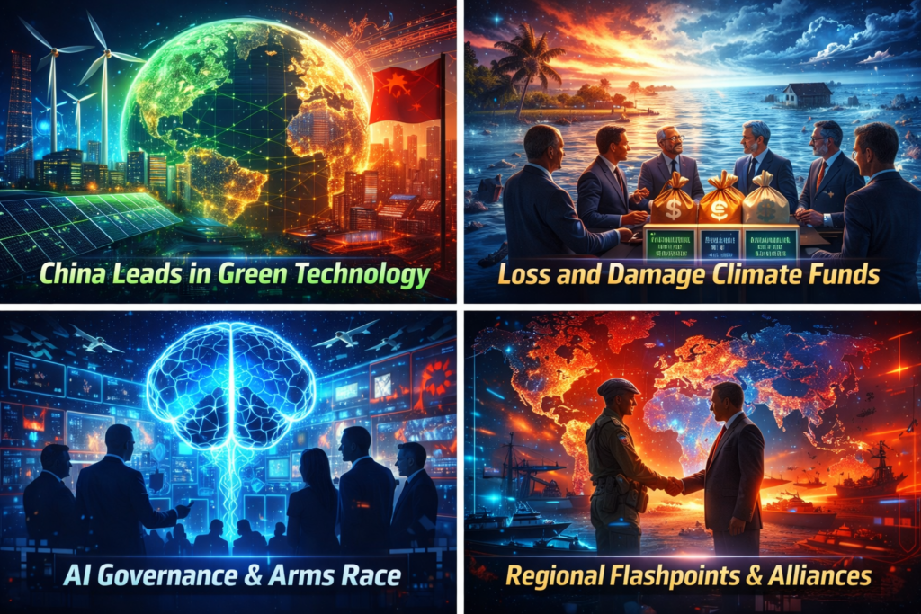 Illustration showing China green technology leadership, climate loss and damage funds, AI governance, and global geopolitical alliances in 2026.