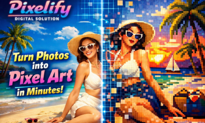 Beach photo transformed into pixel art using Pixelify Digital Solution with split screen before and after effect