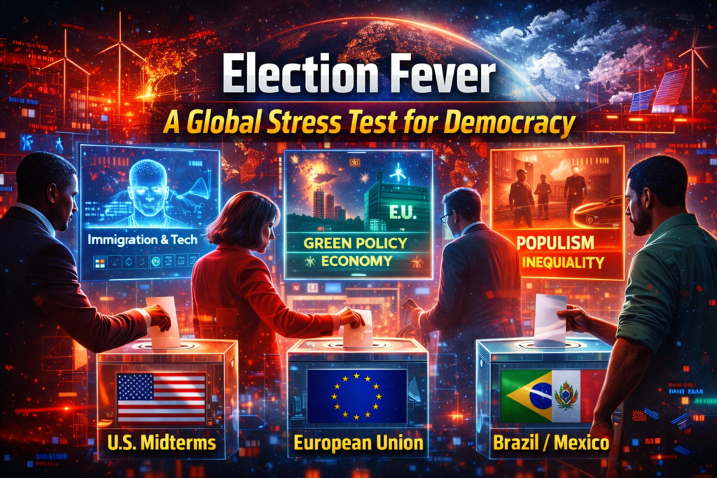 Global election 2026 illustration showing voters casting ballots with flags of the U.S., European Union, Brazil, and Mexico.