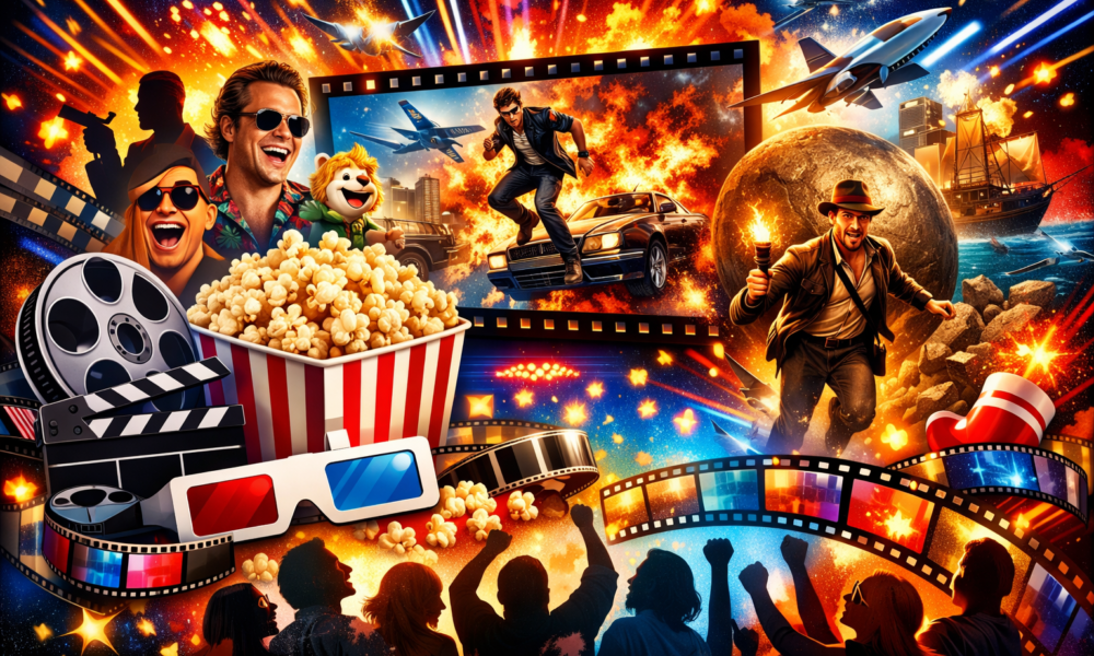 Colorful cinematic collage with popcorn, film reels, 3D glasses, action explosions, adventure scenes, and cheering audience silhouettes for a “Top 25 Most Entertaining Movies of All Time” blog thumbnail.