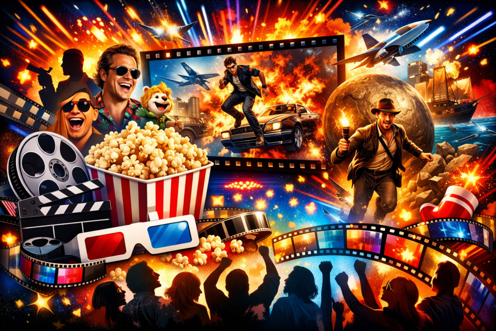 Colorful cinematic collage with popcorn, film reels, 3D glasses, action explosions, adventure scenes, and cheering audience silhouettes for a “Top 25 Most Entertaining Movies of All Time” blog thumbnail.