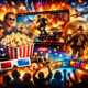 Colorful cinematic collage with popcorn, film reels, 3D glasses, action explosions, adventure scenes, and cheering audience silhouettes for a “Top 25 Most Entertaining Movies of All Time” blog thumbnail.