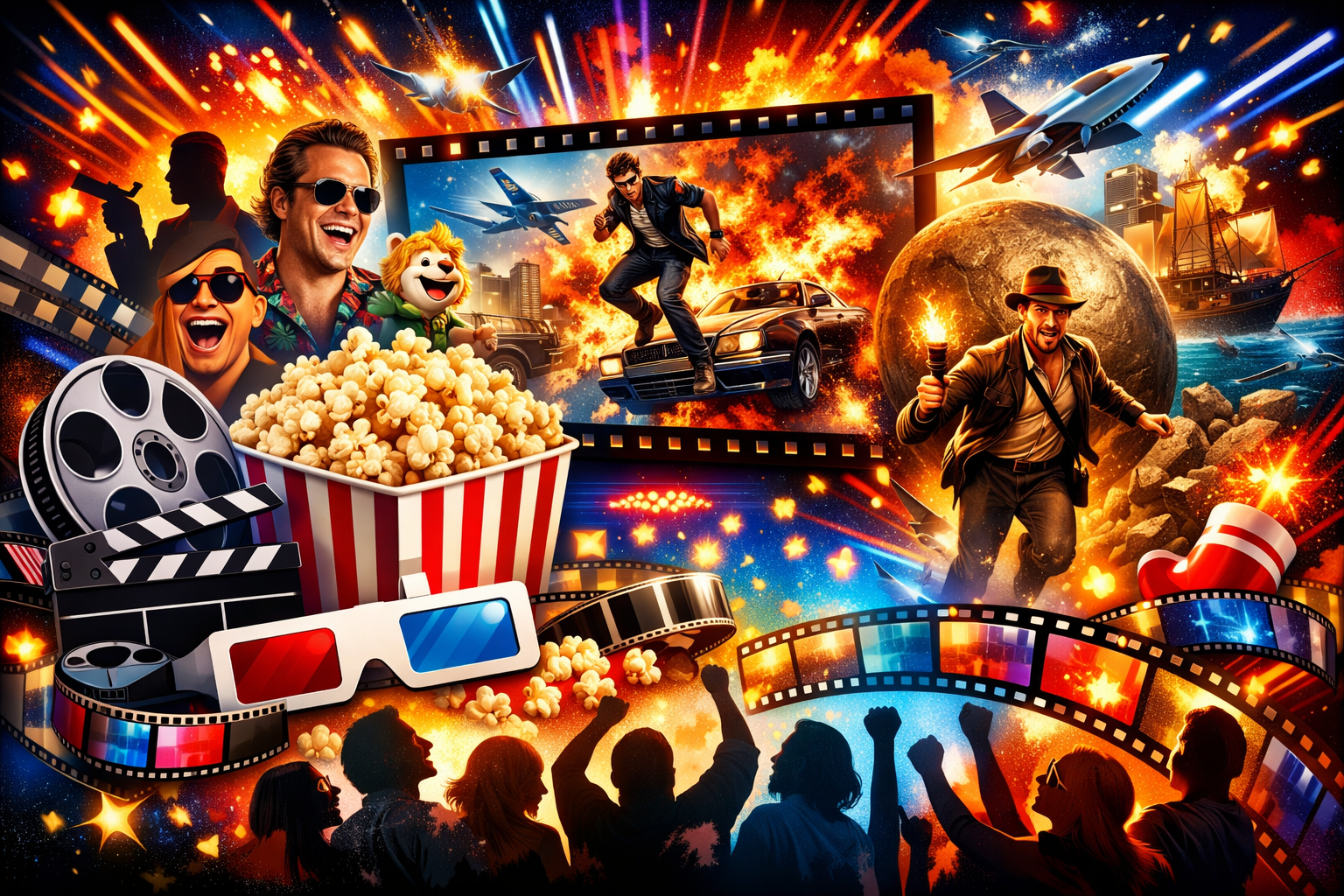 Colorful cinematic collage with popcorn, film reels, 3D glasses, action explosions, adventure scenes, and cheering audience silhouettes for a “Top 25 Most Entertaining Movies of All Time” blog thumbnail.