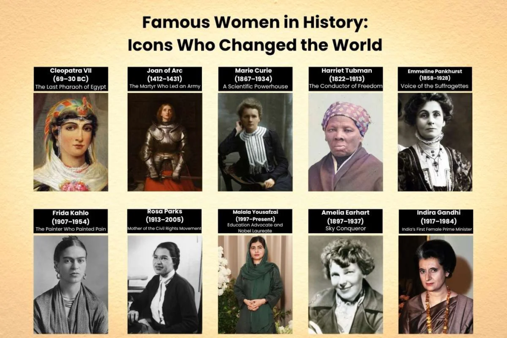 Inspiring collage of famous females who changed history, from queens like Cleopatra to scientists like Marie Curie.