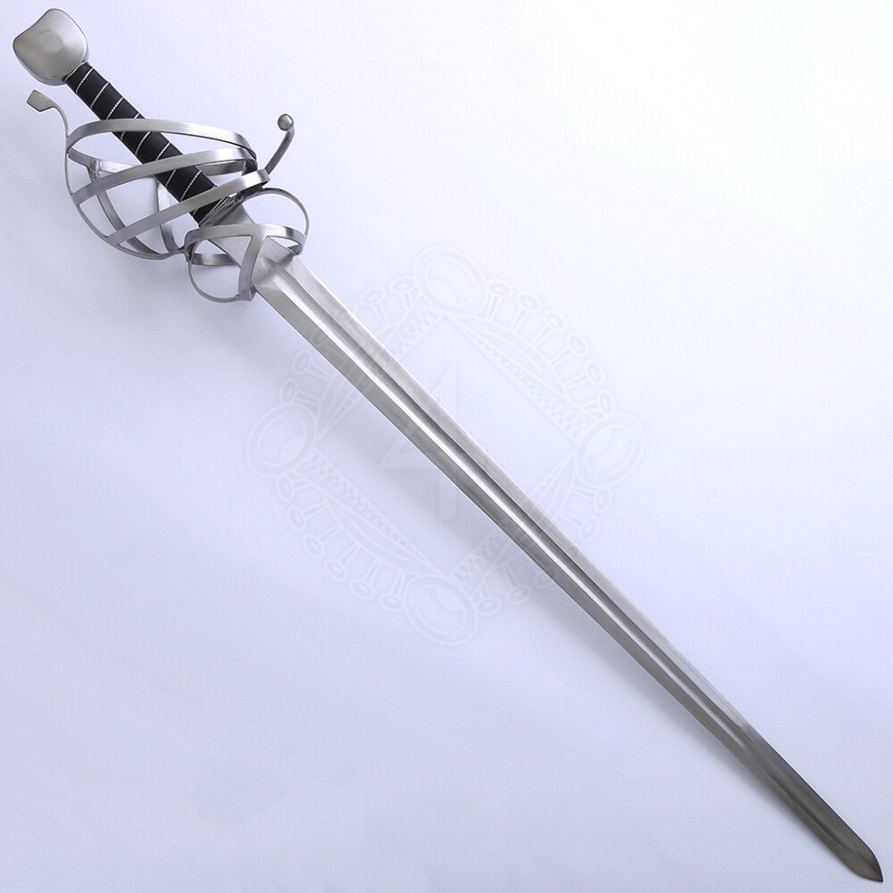 Closeup of a Schiavona basket-hilted sword with ornate iron hilt and curved blade from 16th century Venice